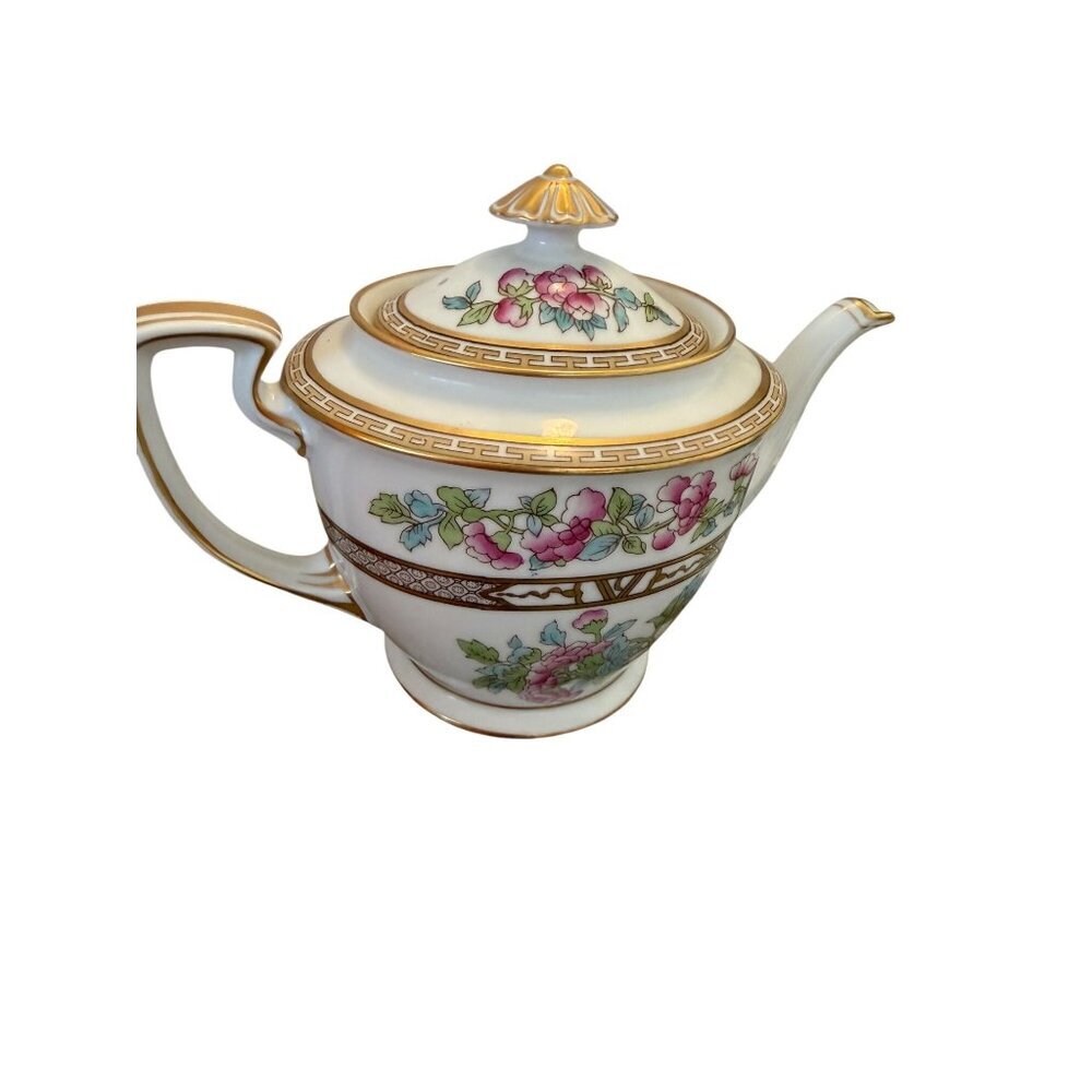 Noritake Vintage "Indian Tree" Pattern White Porcelain Tea Pot Gold-trimmed Lid